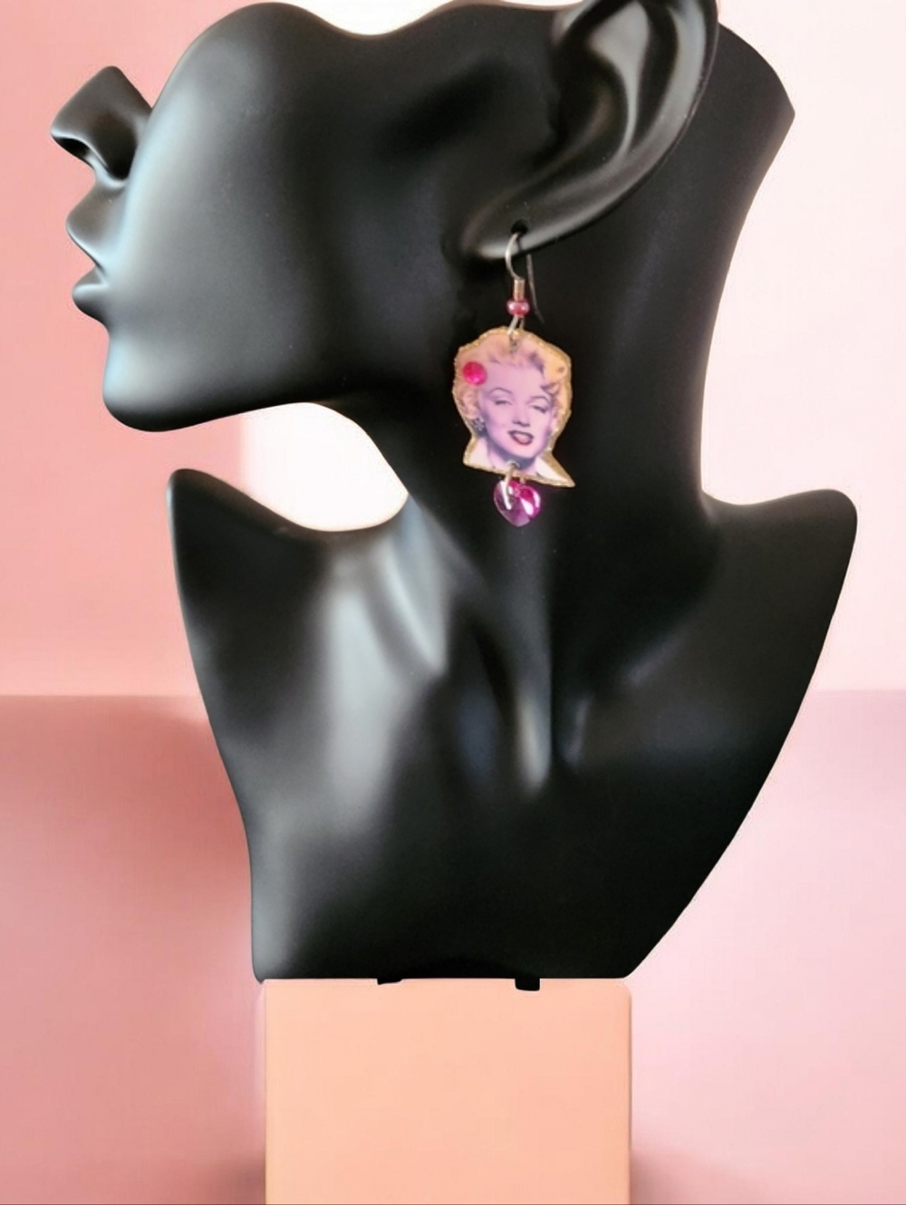 Handmade Marilyn Monroe Portrait Dangle Earrings with Pink Heart Charm